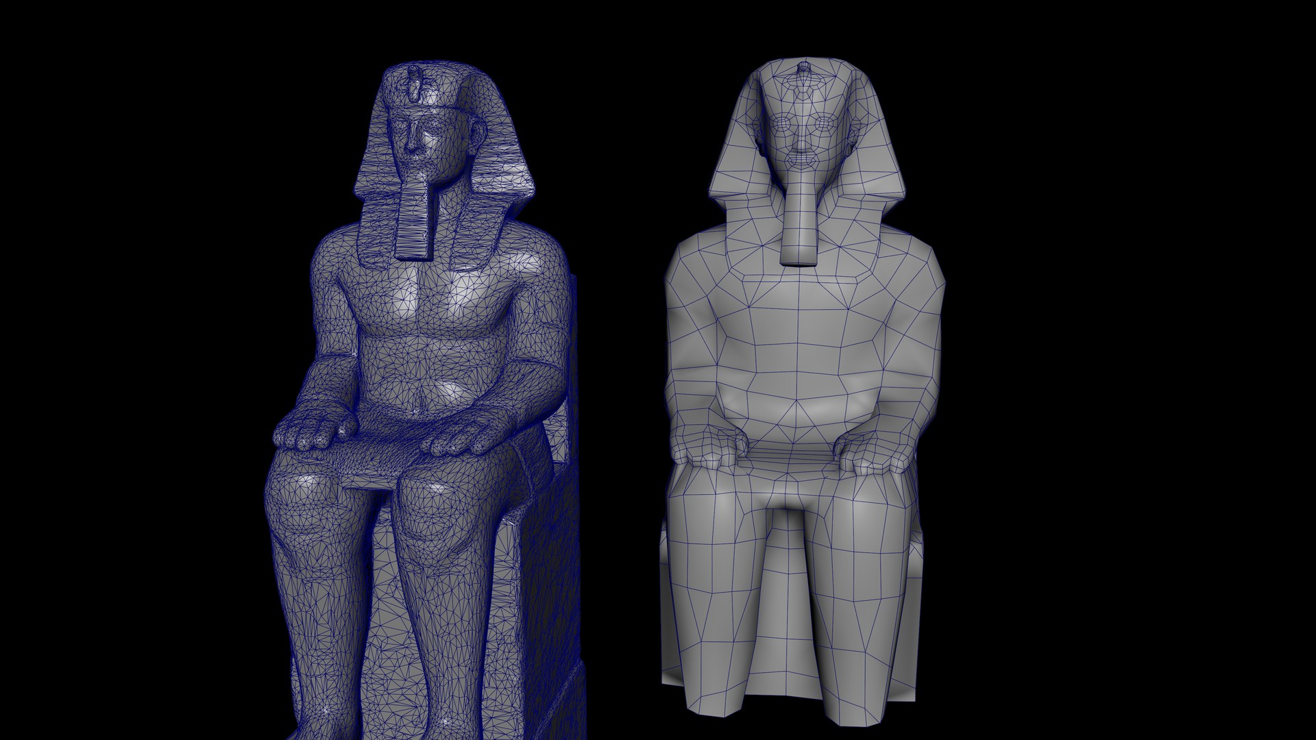Egypt VR — high-poly statue sculpt next to the retopologized low-poly version with wireframe overlay