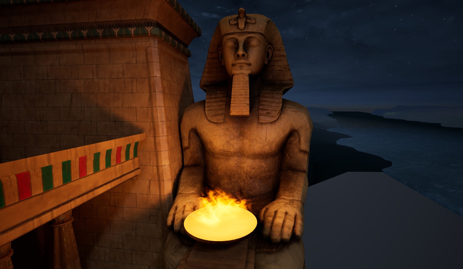 Egypt VR — optimized statue running in-engine at night, holding a lit offering bowl