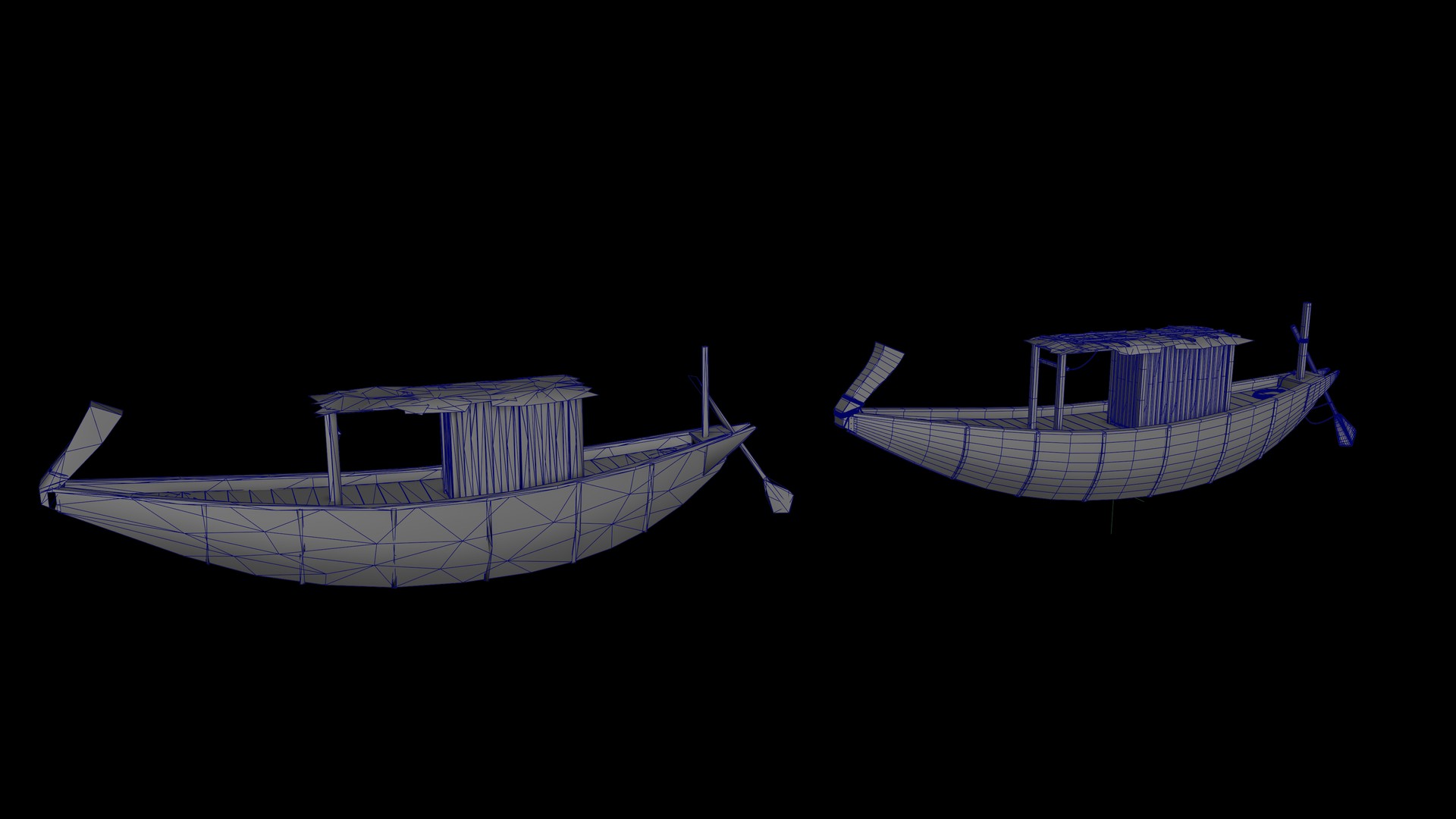 Egypt VR — high-poly boat sculpt next to the InstaLOD-generated low-poly version with wireframe overlay