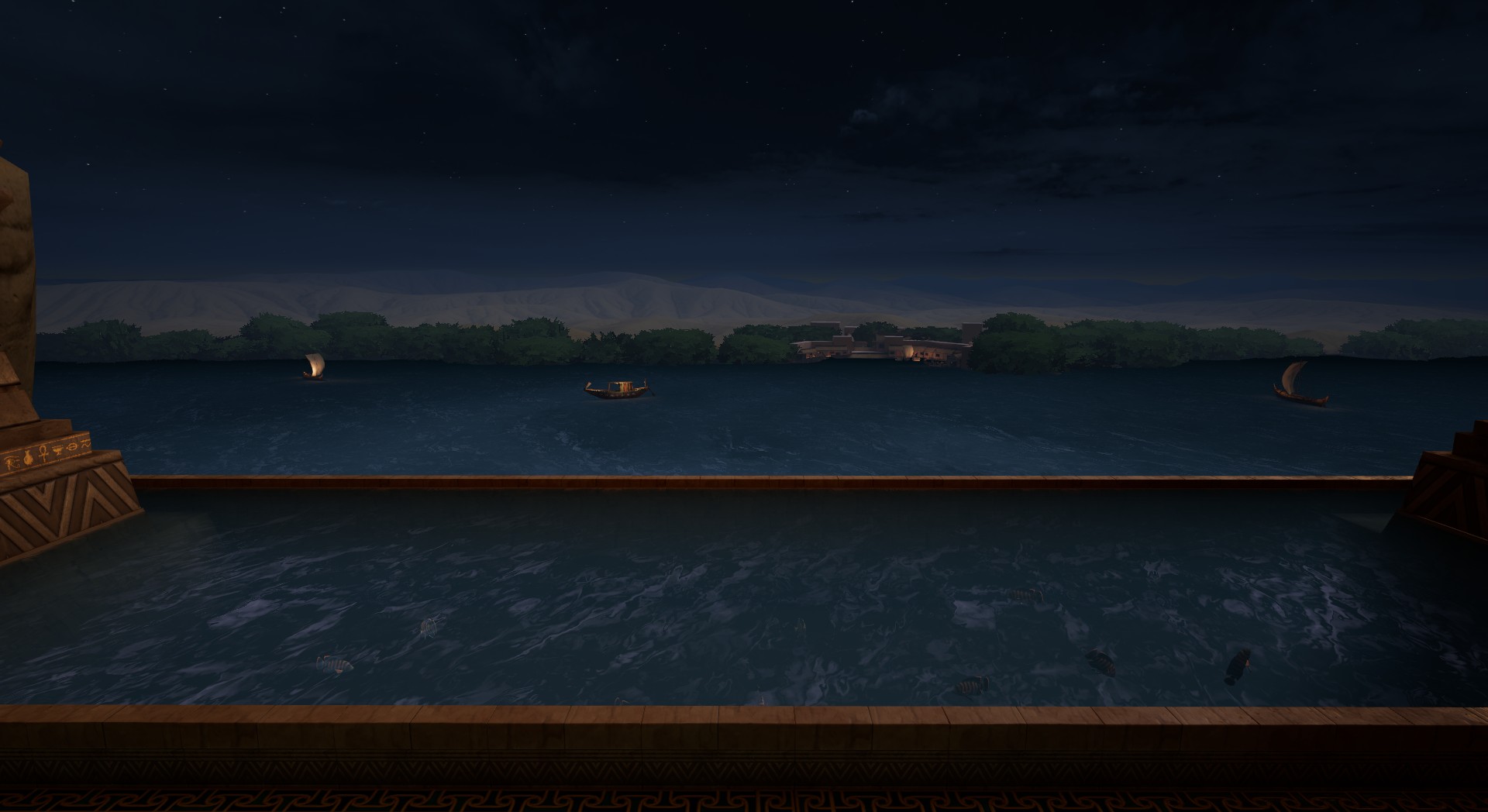 Egypt VR — several low-poly boats scattered across the river at a distance