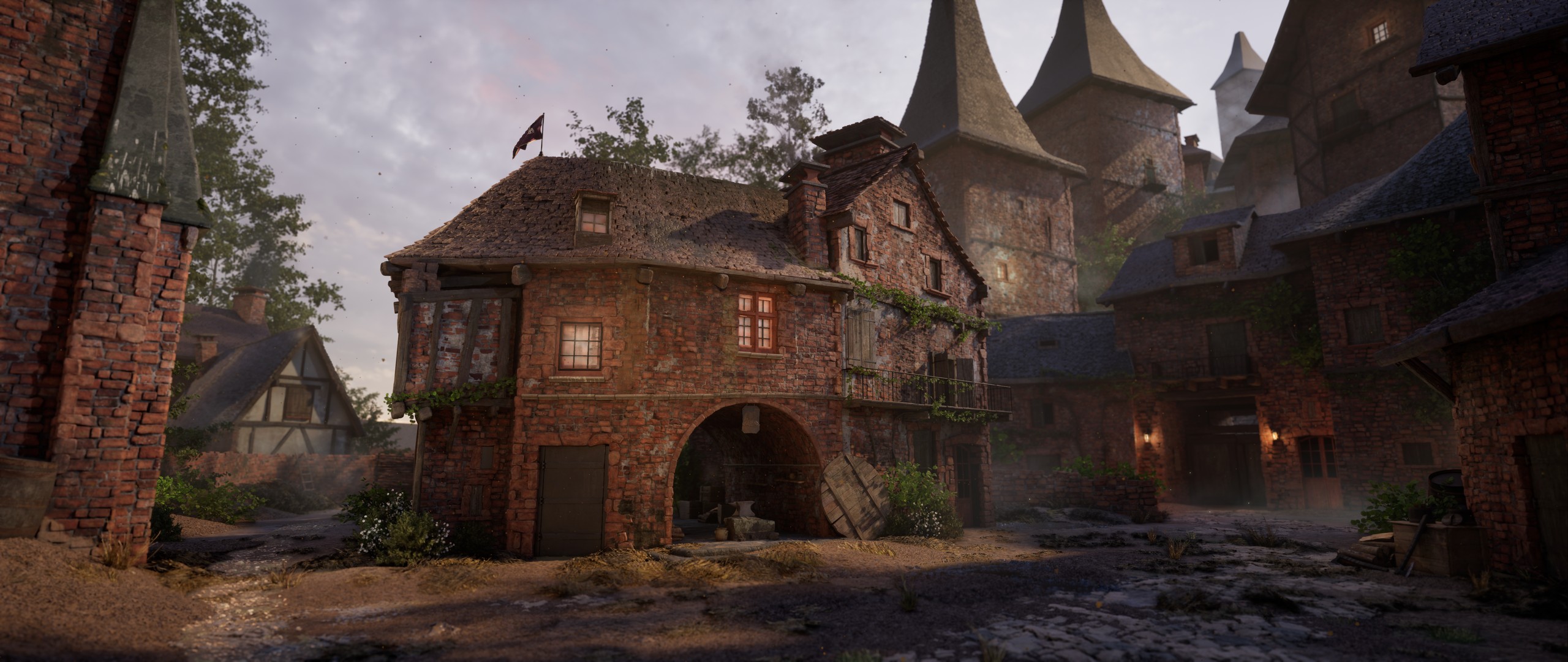 The Town — medieval town square, beauty render, day lighting