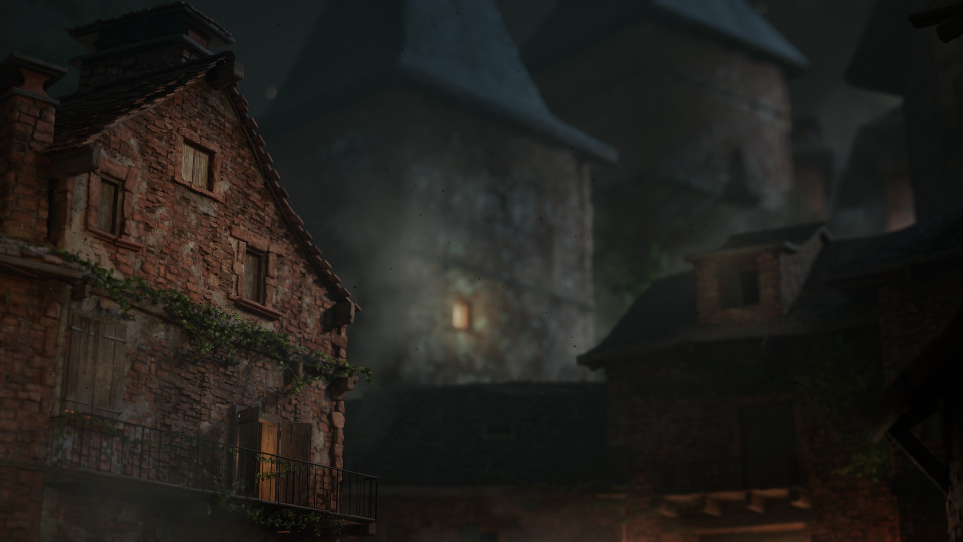 The Town — close-up of the main building at night, ivy visible on the facade