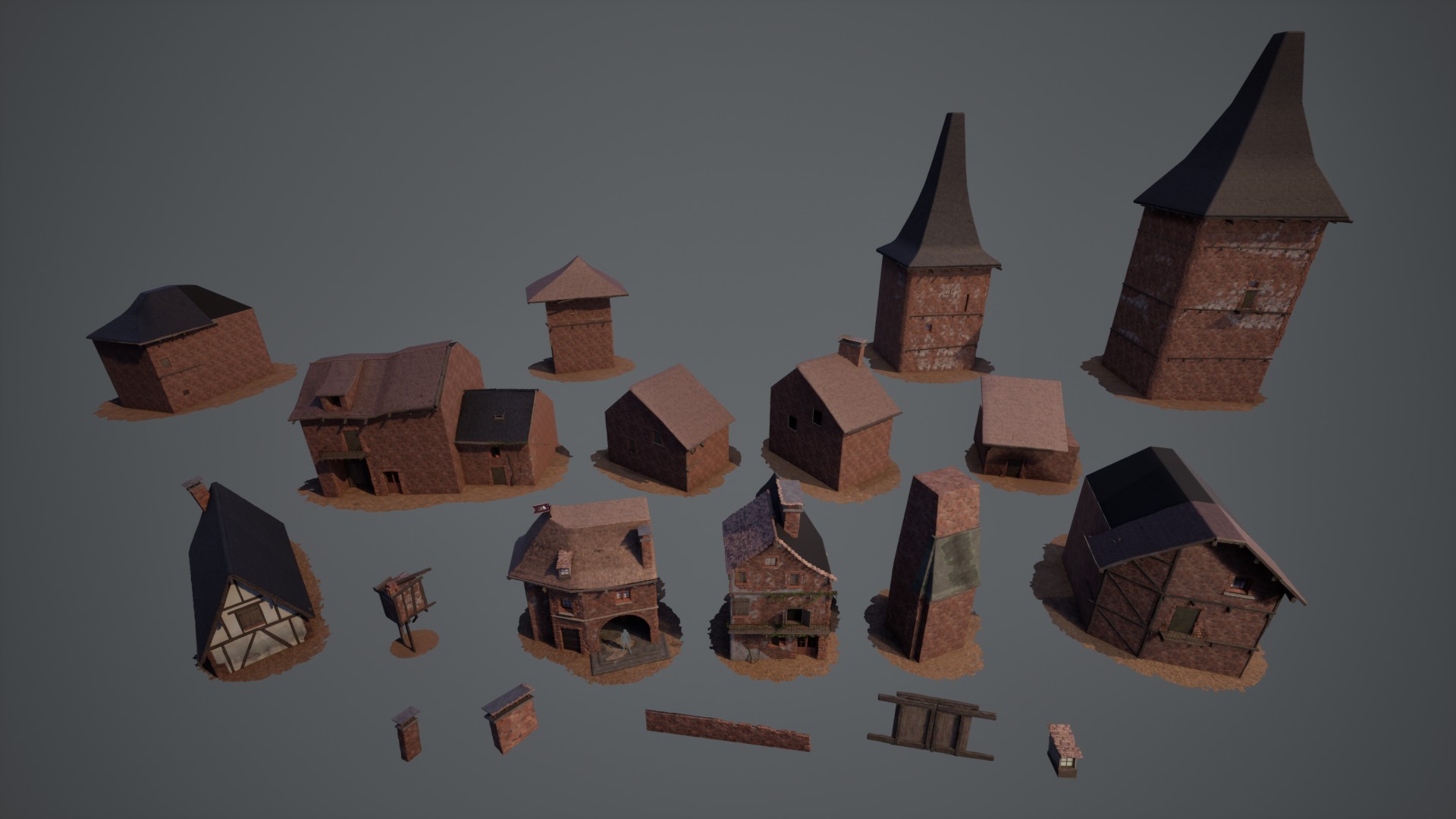 The Town — complete set of unique building assets laid out for review