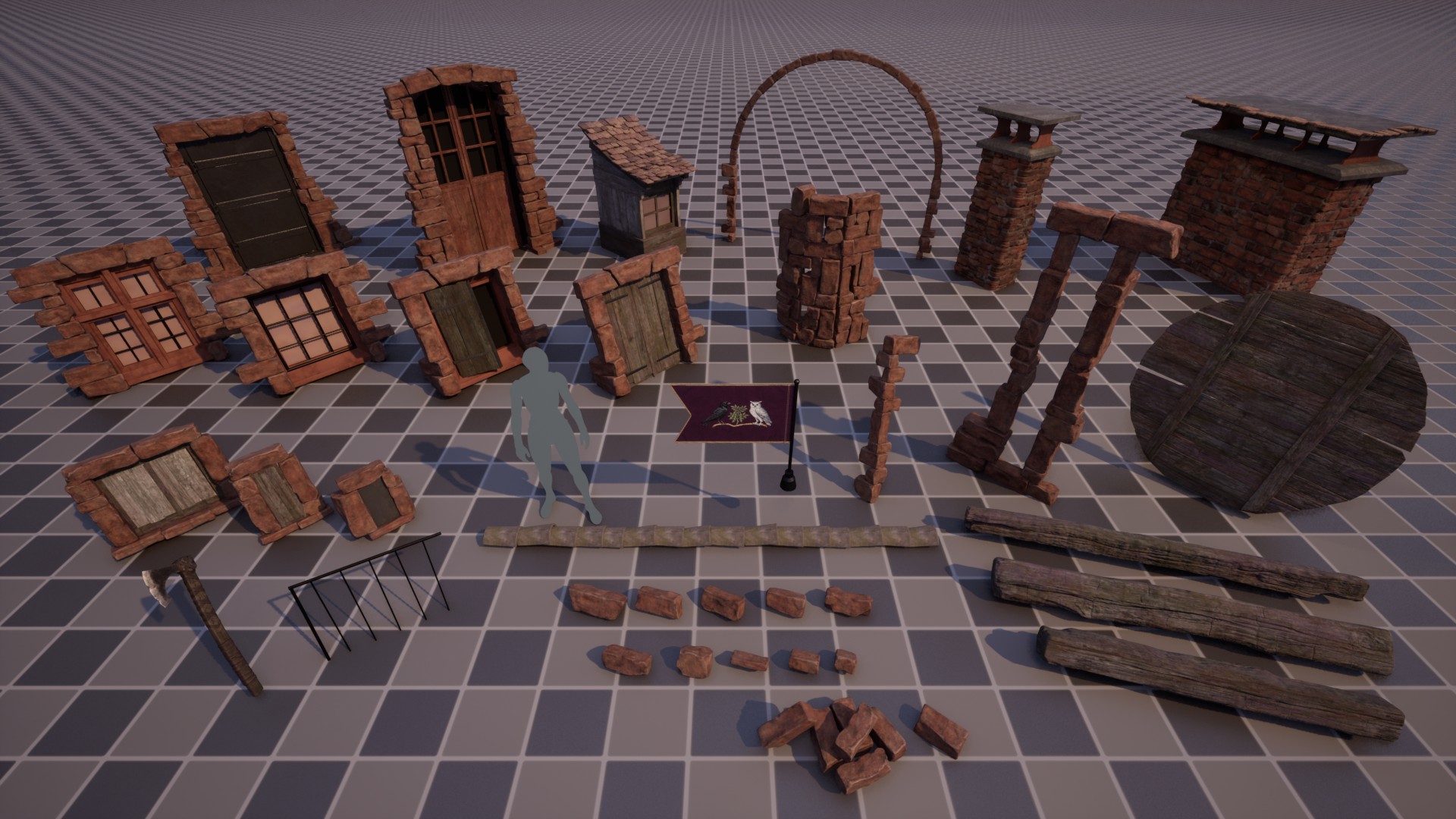 The Town — modular prop kit: windows, doors, arches, planks, bricks and signs