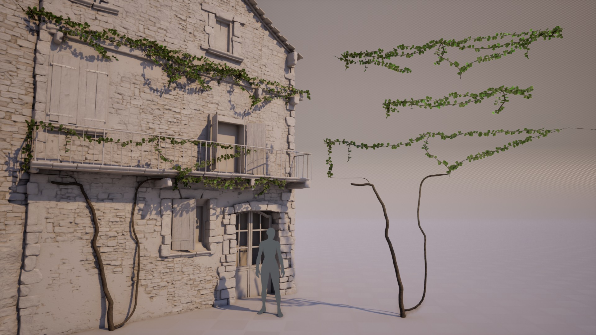 The Town — ivy spline asset placed on a stone facade with scale reference