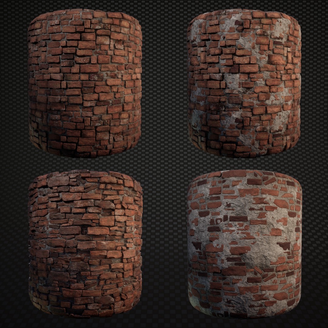 The Town — brick material showcase: four vertex-paint variants from clean to heavily plastered