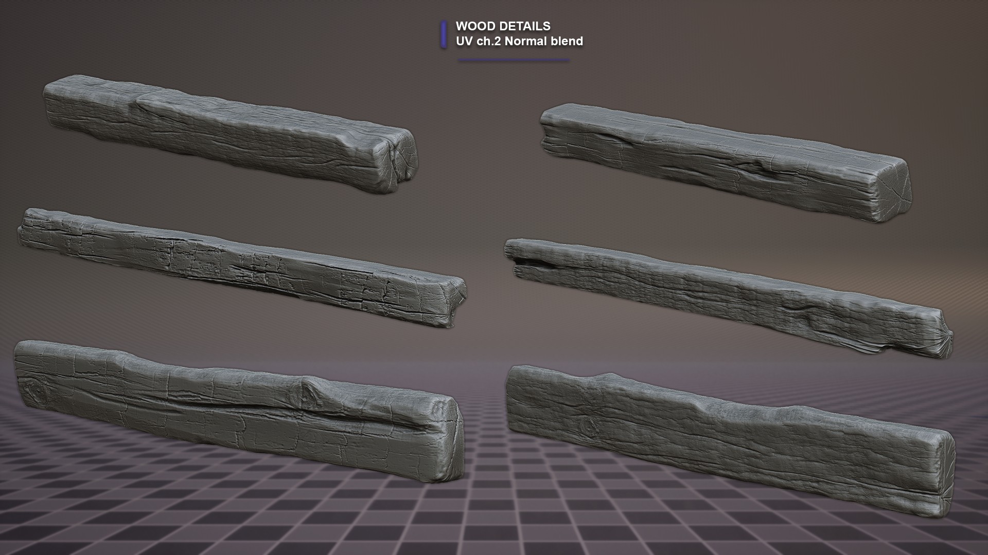 The Town — six wood beam high-poly variants showing UV channel 2 normal blend detail