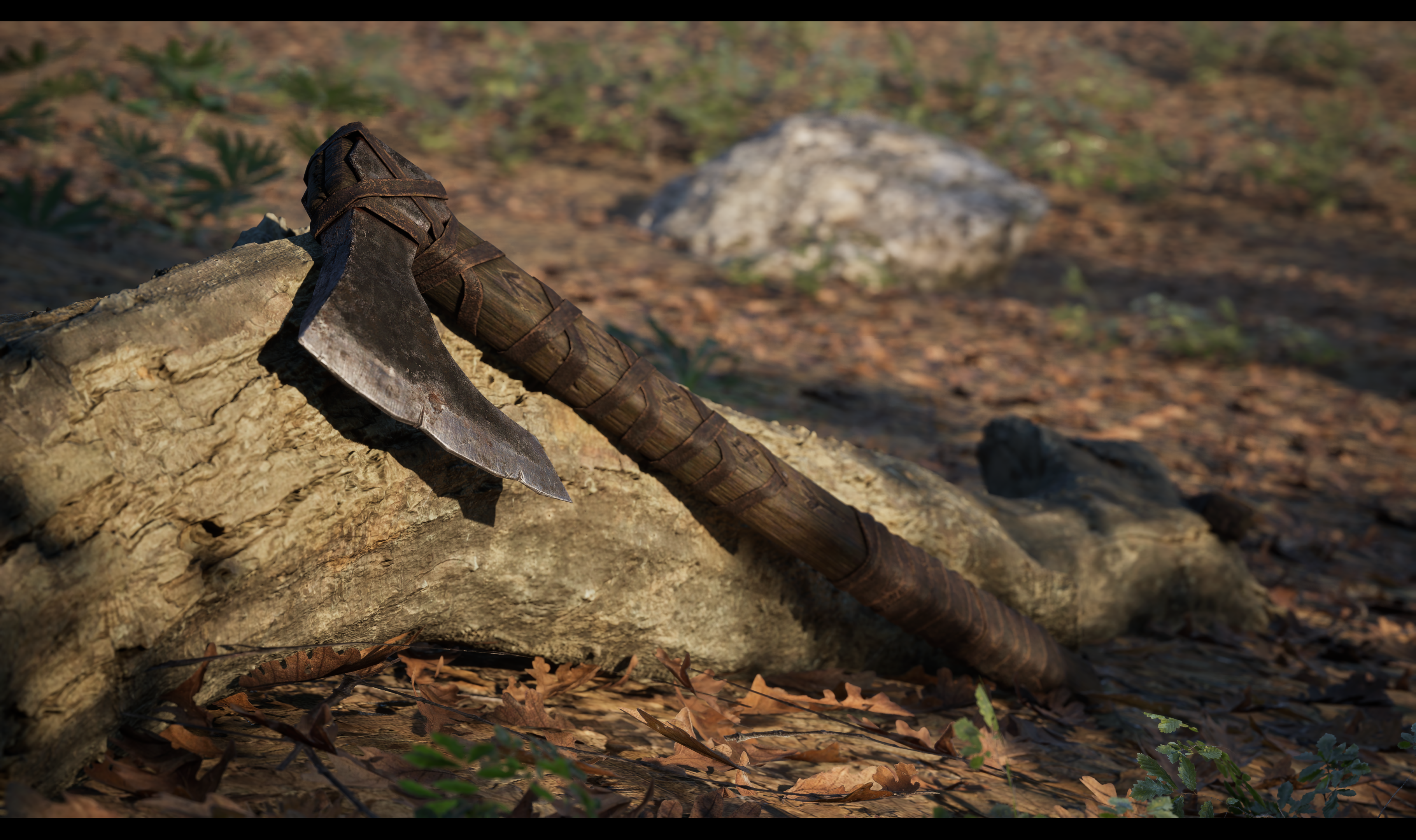 Viking Axe — final render, axe resting on a mossy rock in the forest