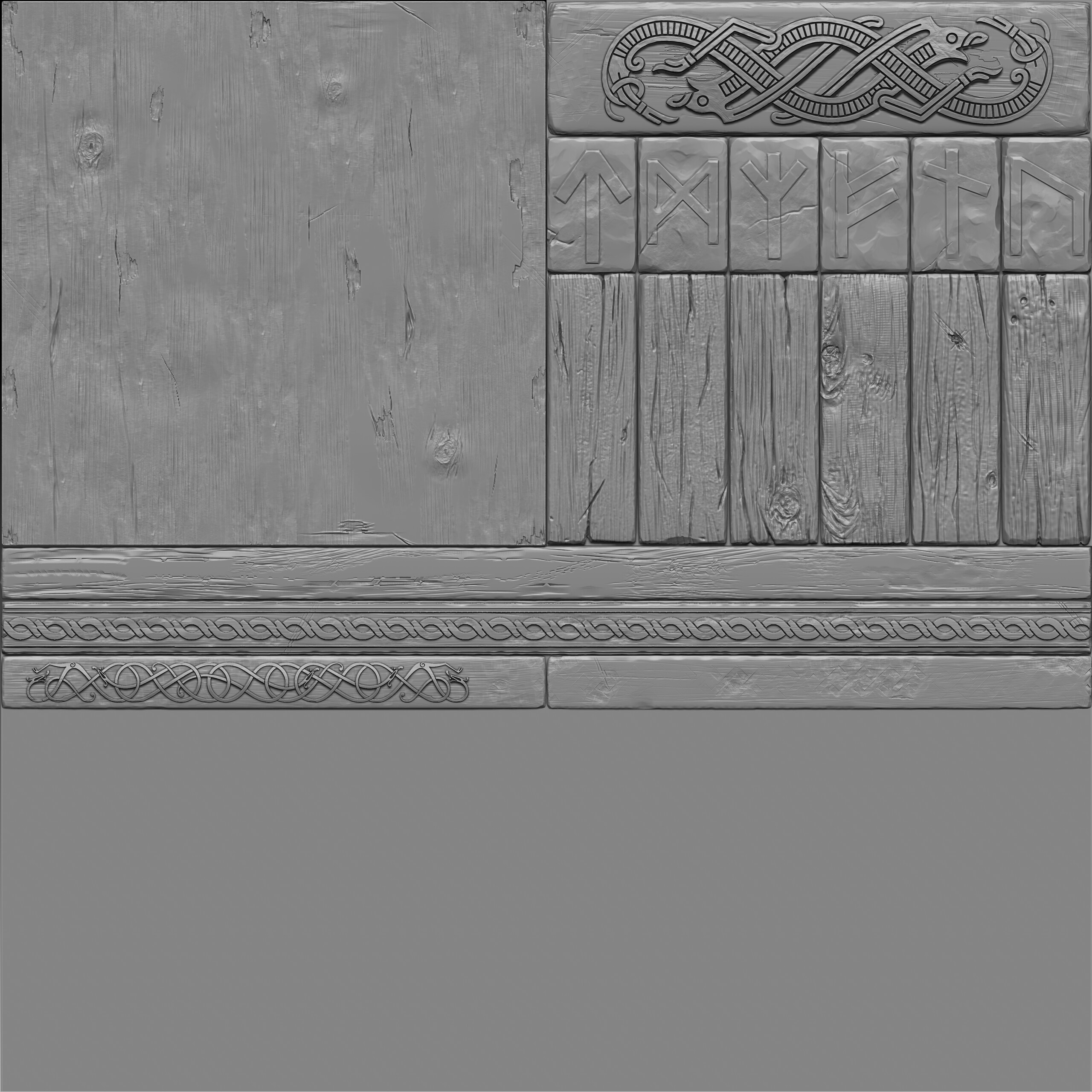 Viking Hall — trim sheet height detail with carved runes and knotwork