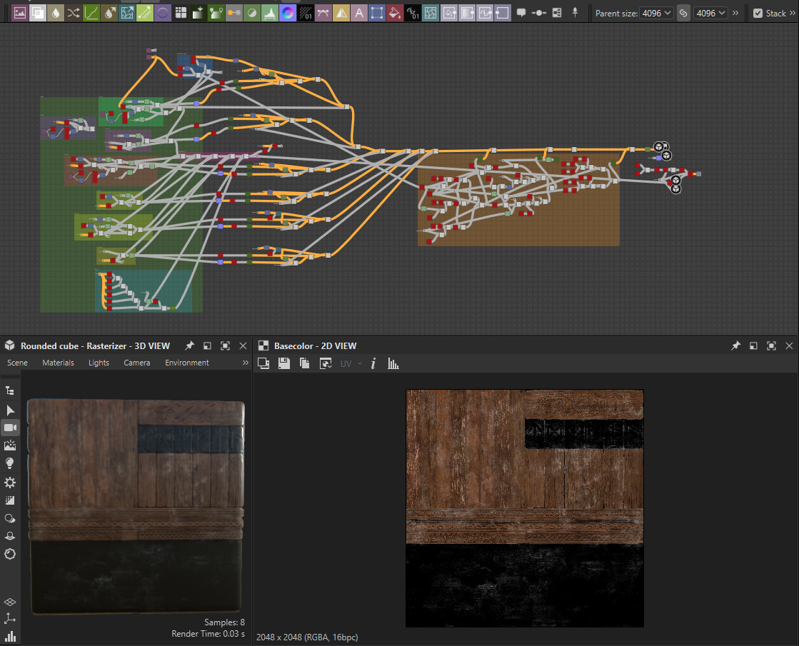 Viking Hall — Substance Designer graph driving the trim sheet material
