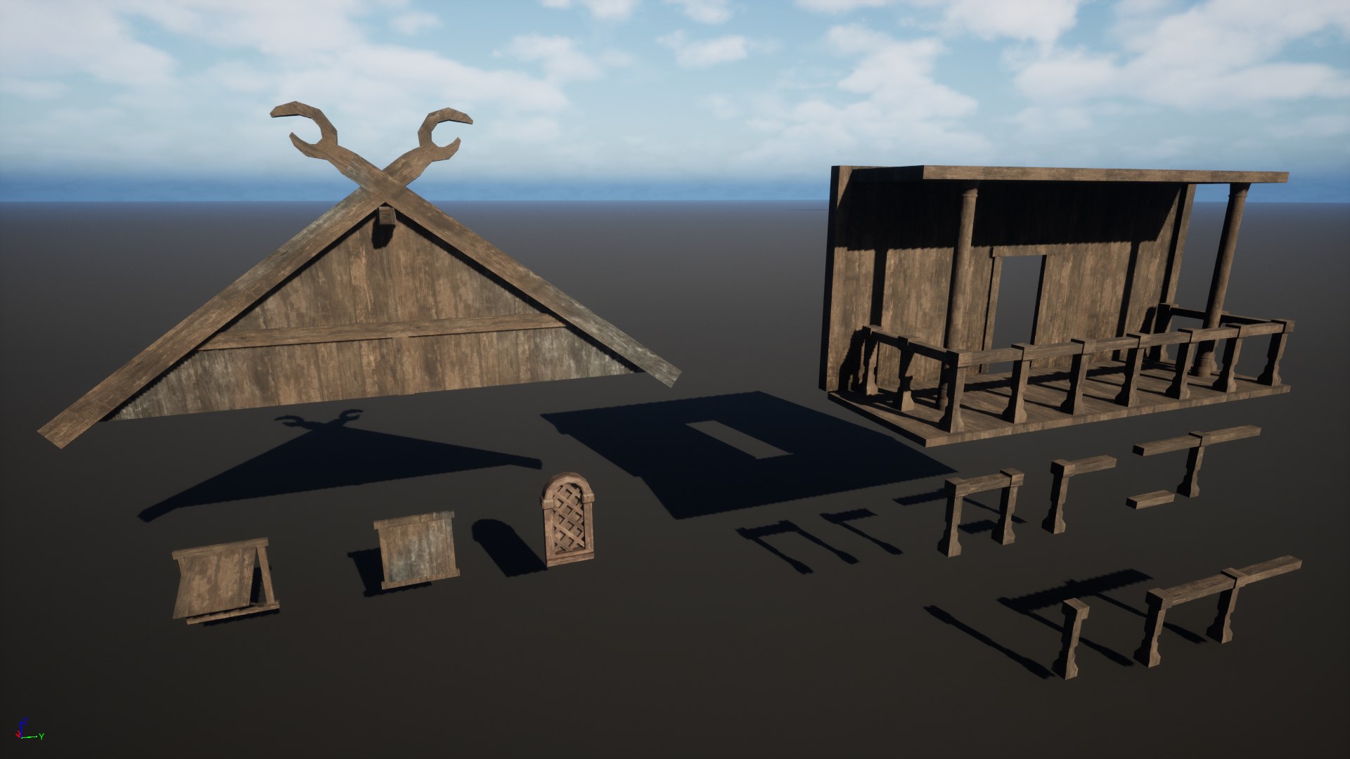 Viking Hall — wall module with a pitched gable roof and porch railing