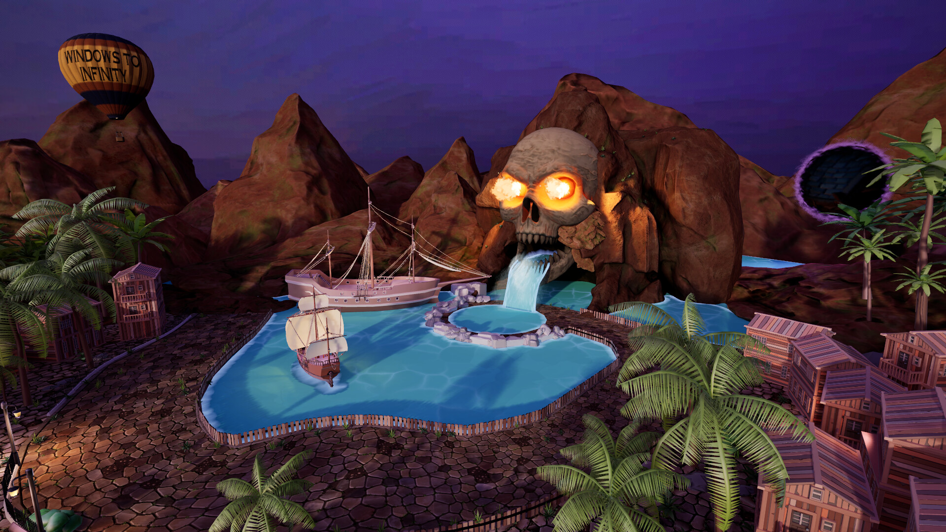 Windows To Infinity VR — pirate cove world with skull cave and hot air balloon