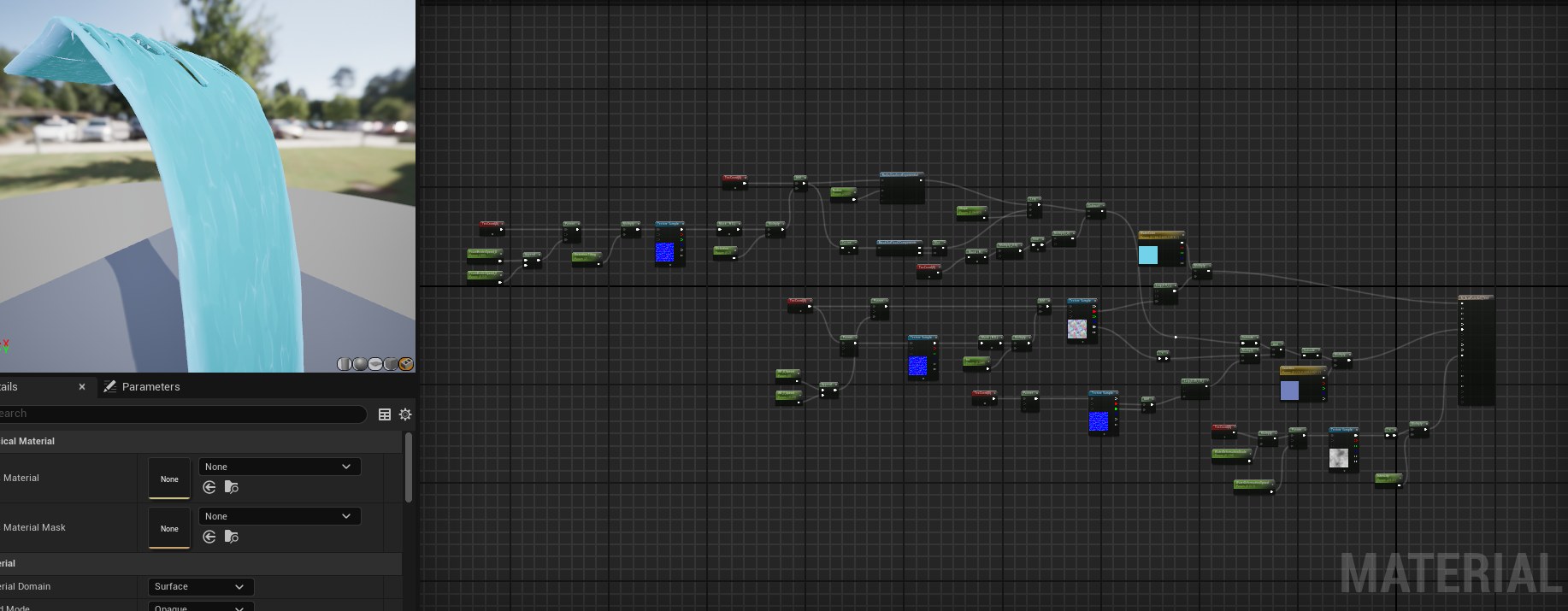 Windows To Infinity VR — Unreal material graph for the waterfall shader with preview in viewport