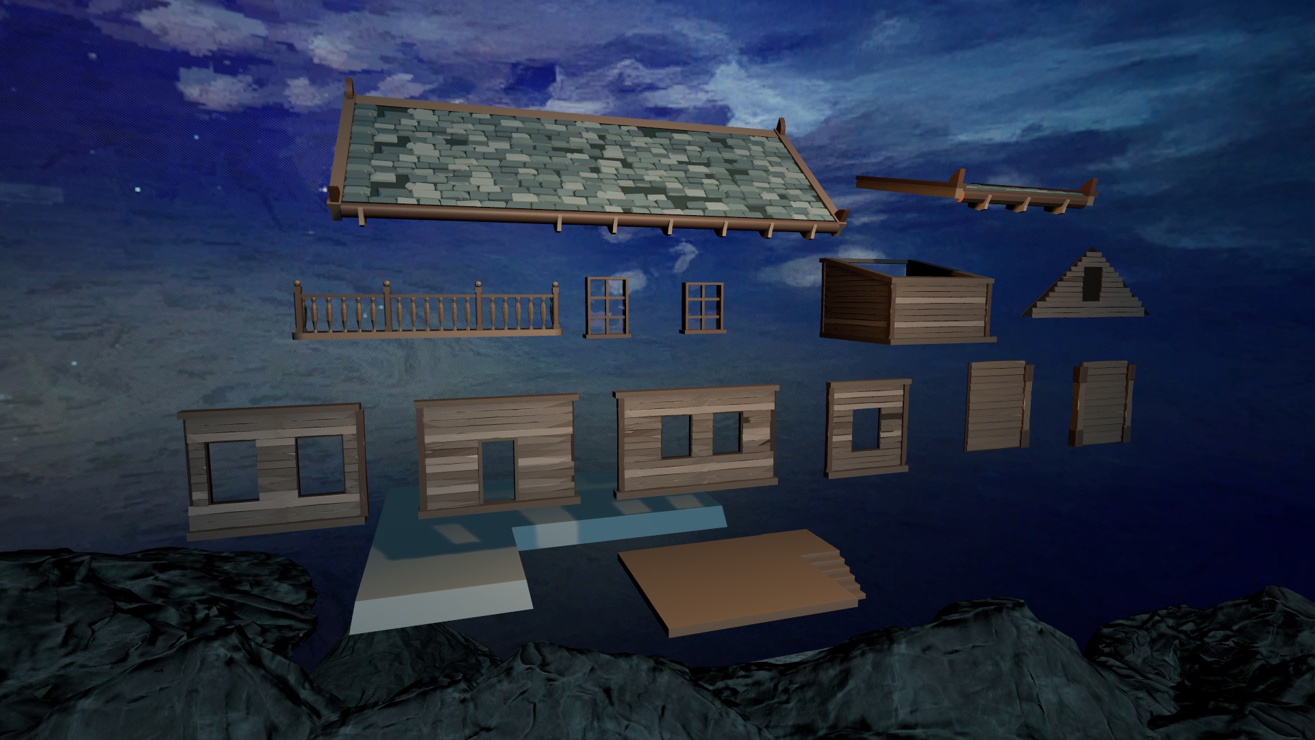 Windows To Infinity VR — modular house kit pieces laid out: roof, walls, windows, balcony and stairs