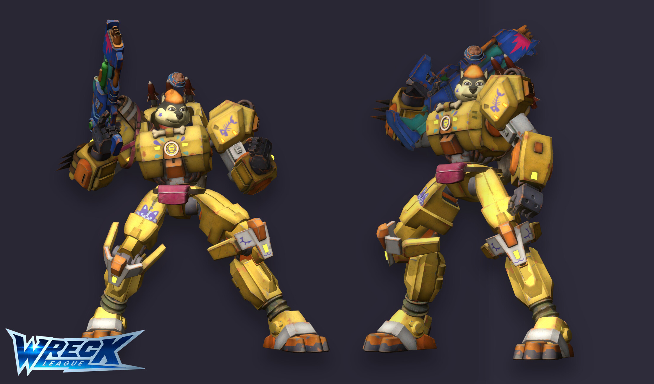 Wreck League — Hero Character — Kennel mech character with rifle, final textured turnaround